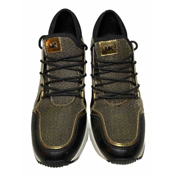 MK Logo Michael Kors 7.5 Wedge Heel Trainer Sneakers Black & Bronze Shoes - Picture 5 of 8